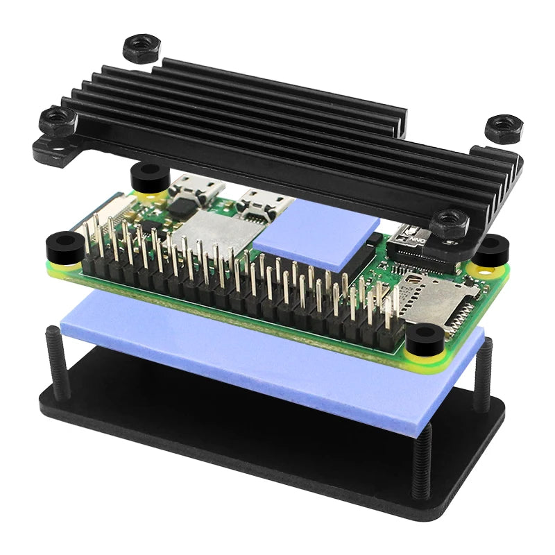Raspberry Pi Zero 2 W aluminum case with passive heatsink and GPIO pin header, designed for cooling and protection of single-board computer.