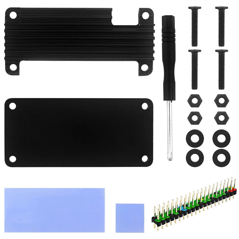 Raspberry Pi Zero 2 W aluminum case with passive heatsink and GPIO pin header, designed for cooling and protection of single-board computer.