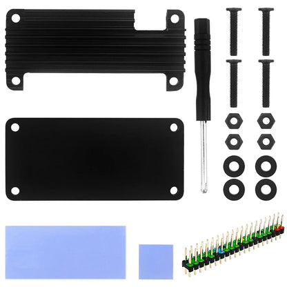 Raspberry Pi Zero 2 W aluminum case with passive heatsink and GPIO pin header, designed for cooling and protection of single-board computer.
