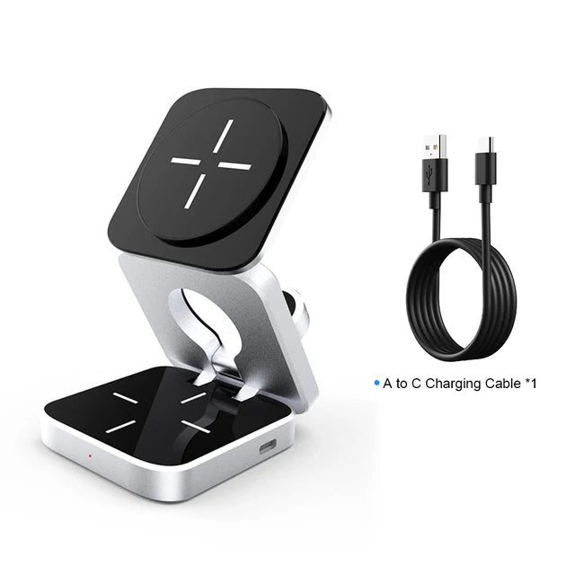 Wireless charging station from R.E.D. Shopping for phone, watch, and earbuds with fast charging capability.
