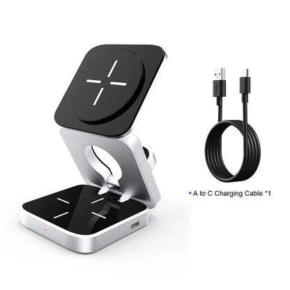 Wireless charging station from R.E.D. Shopping for phone, watch, and earbuds with fast charging capability.