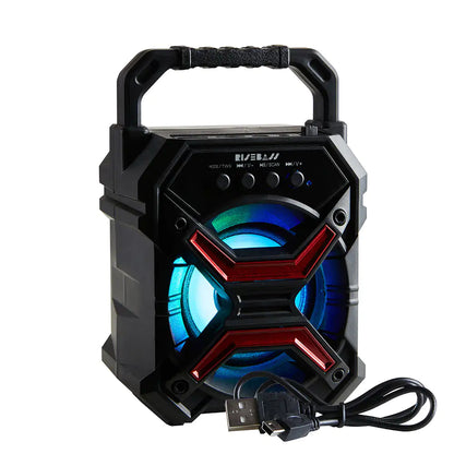 Portable wireless Bluetooth speaker by R.E.D. Shopping with black cylindrical design and control buttons on top.