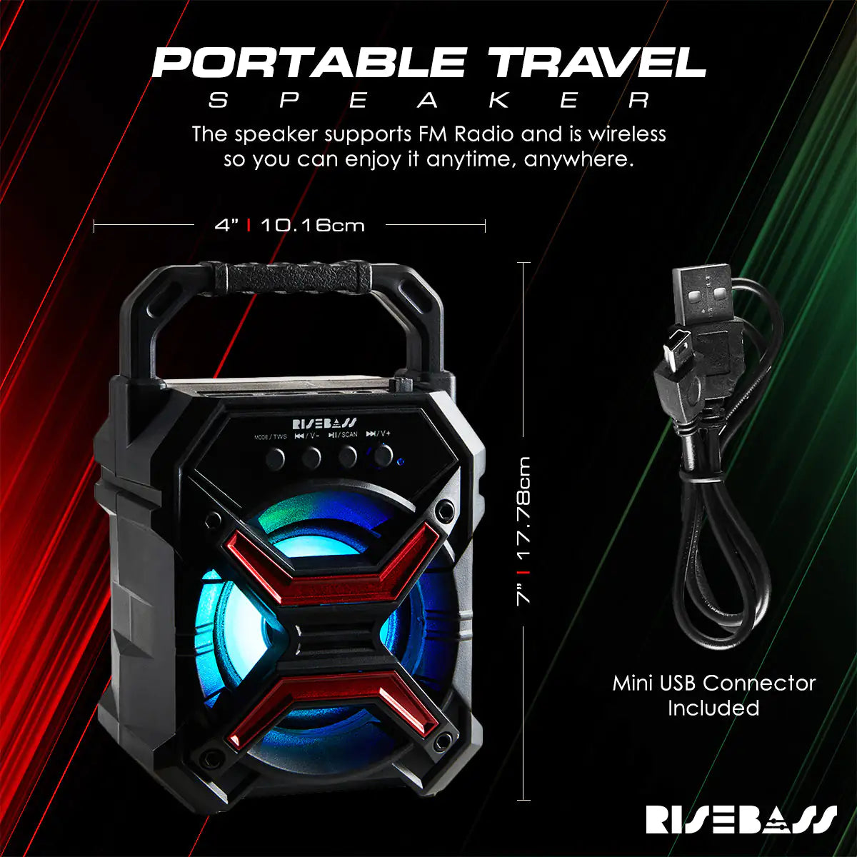 Portable wireless Bluetooth speaker by R.E.D. Shopping, compact electronic device with buttons and speaker grille for audio playback.