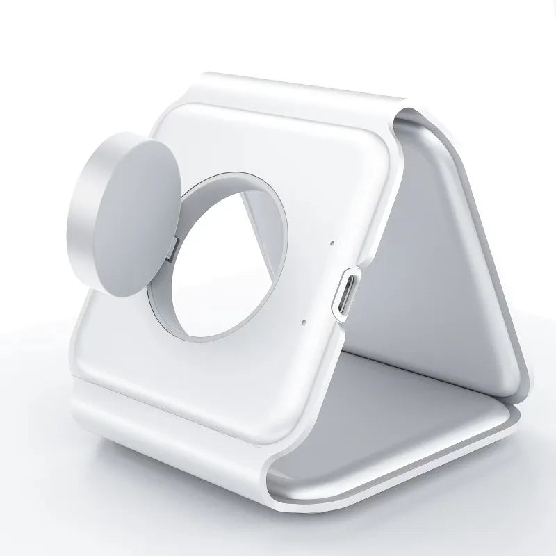 Red Shopping 3-in-1 magnetic wireless charging station with foldable phone holder, versatile charger for smartphones and accessories.