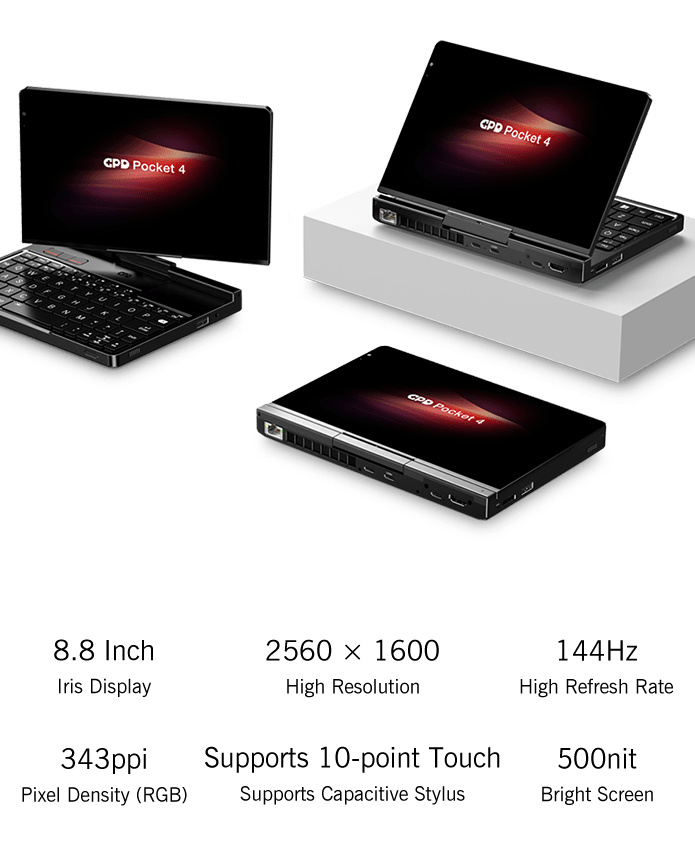 GPD Pocket4 2-in-1 Mini Laptop – AMD AI 9 HX 370 / 8840U, 8.8" 2560×1600 144Hz, DDR5, NVMe, Windows 11