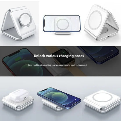 Red Shopping 3-in-1 magnetic wireless charging station with foldable phone holder, compatible with smartphones and accessories.