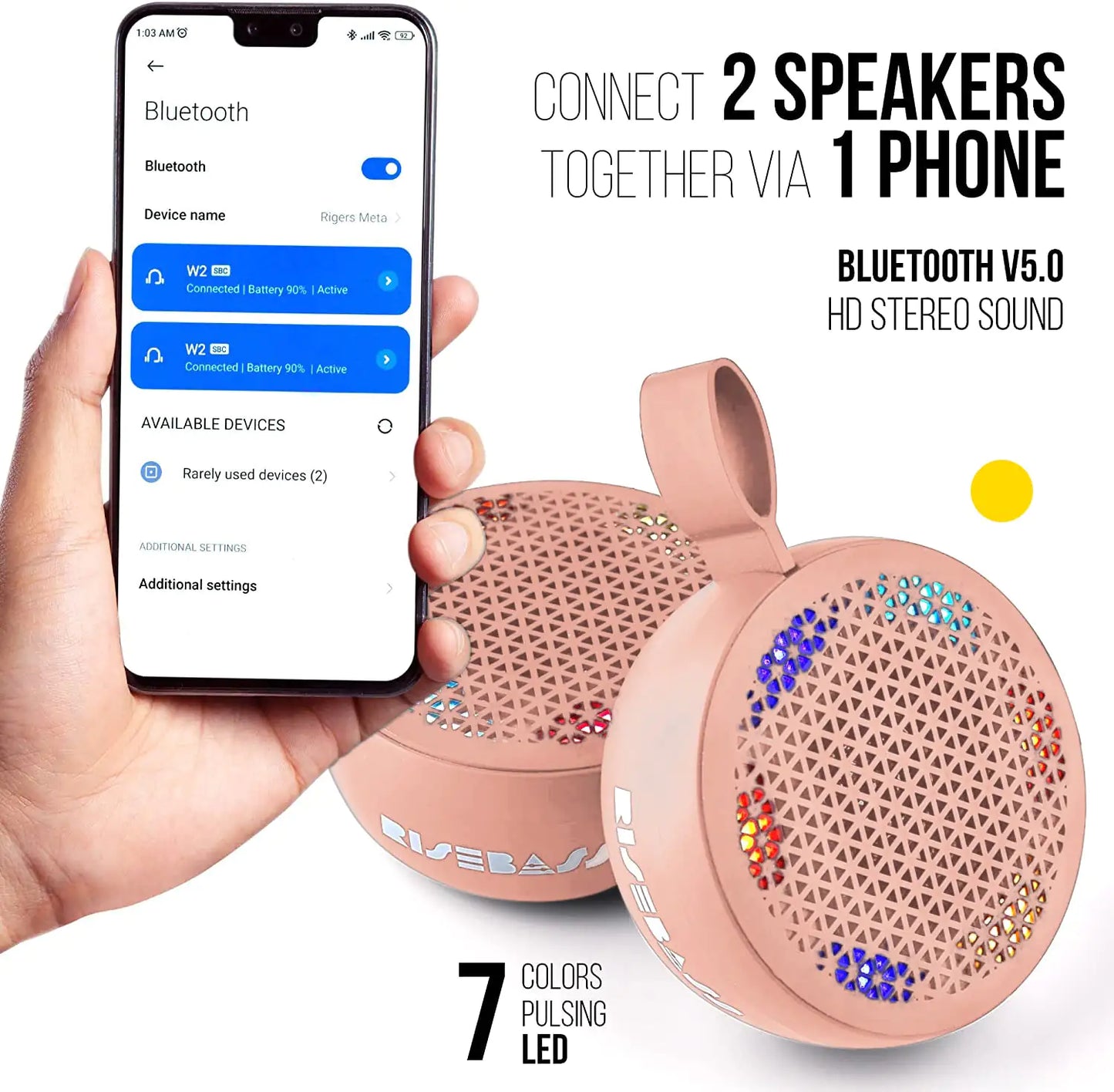 R.E.D. Shopping Bluetooth speaker with black cylindrical design and control buttons on top for portable audio.