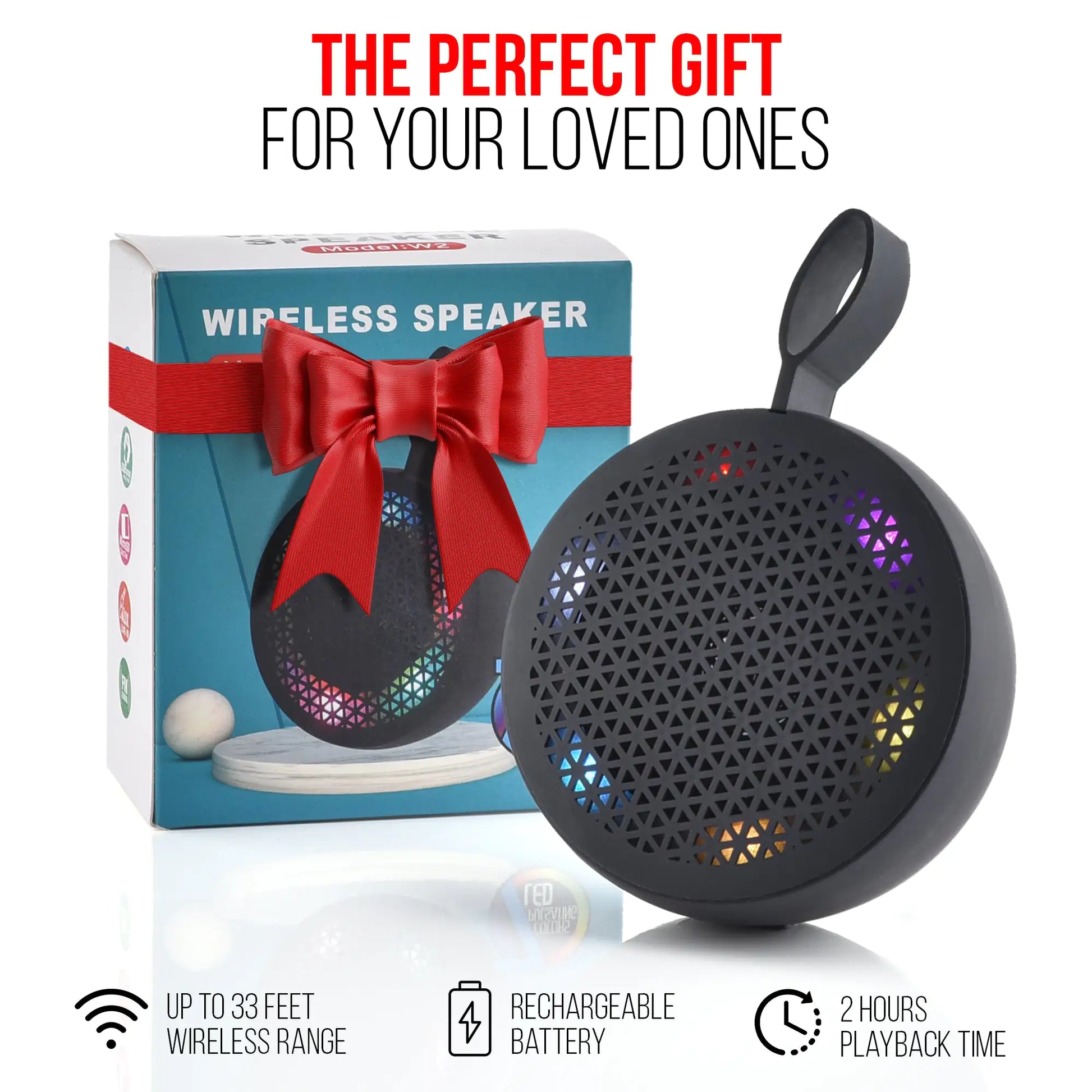 R.E.D. Shopping Bluetooth speaker in black with control buttons and fabric grille, portable audio device for wireless sound.