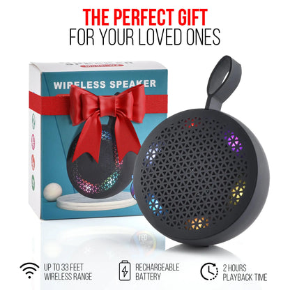 R.E.D. Shopping Bluetooth speaker in black with control buttons and fabric grille, portable audio device for wireless sound.