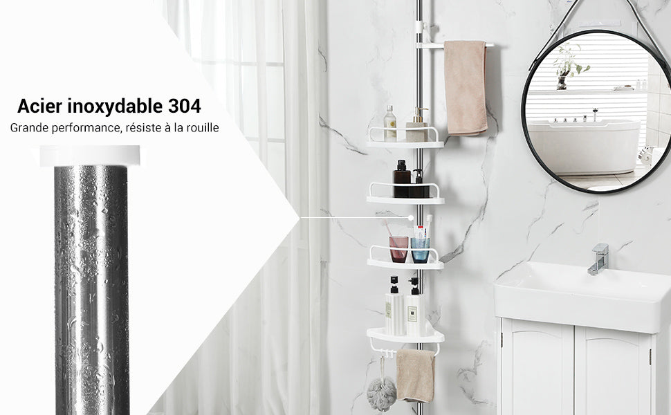 Stainless steel adjustable 4-tier shower caddy corner shelf for bathroom storage, extends from 95 to 300cm, ideal for organizing bath essentials.
