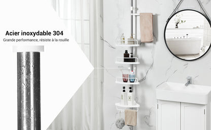 Stainless steel adjustable 4-tier shower caddy corner shelf for bathroom storage, extends from 95 to 300cm, ideal for organizing bath essentials.