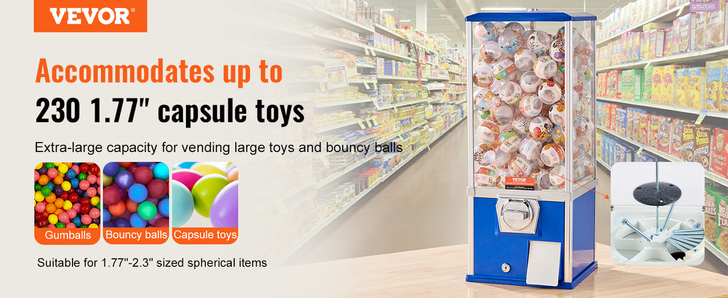 VEVOR Gumball Machine 25" – 230 Capsule Toy Vending, Coin Operated, Blue/Red