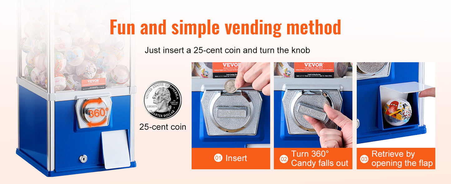 VEVOR 25" Coin-Operated Gumball Machine | Capsule Toy Dispenser for Kids