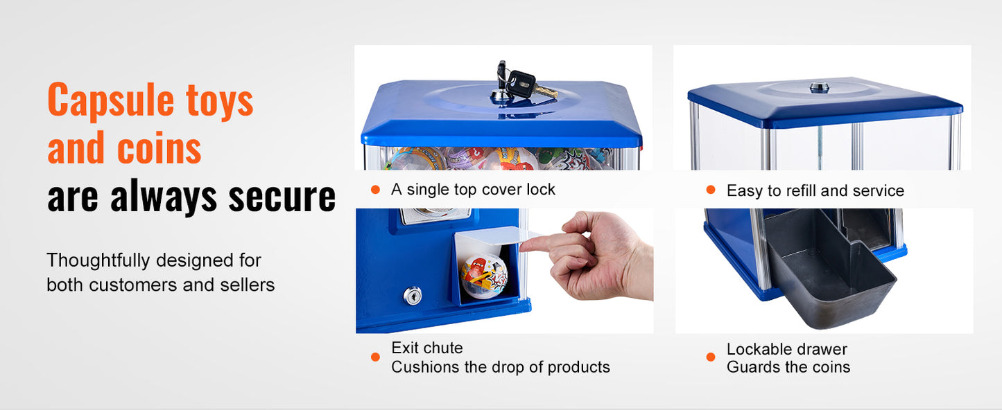 VEVOR 25-inch Gumball Machine | 230 Capsule Toys, Coin Operated, Blue Rectangle, Kids & Game Stores