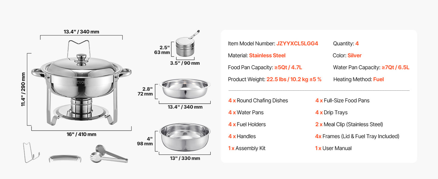 SucceBuy 4-Pack Round Chafing Dish Buffet Set – Stainless Steel Catering Warmer