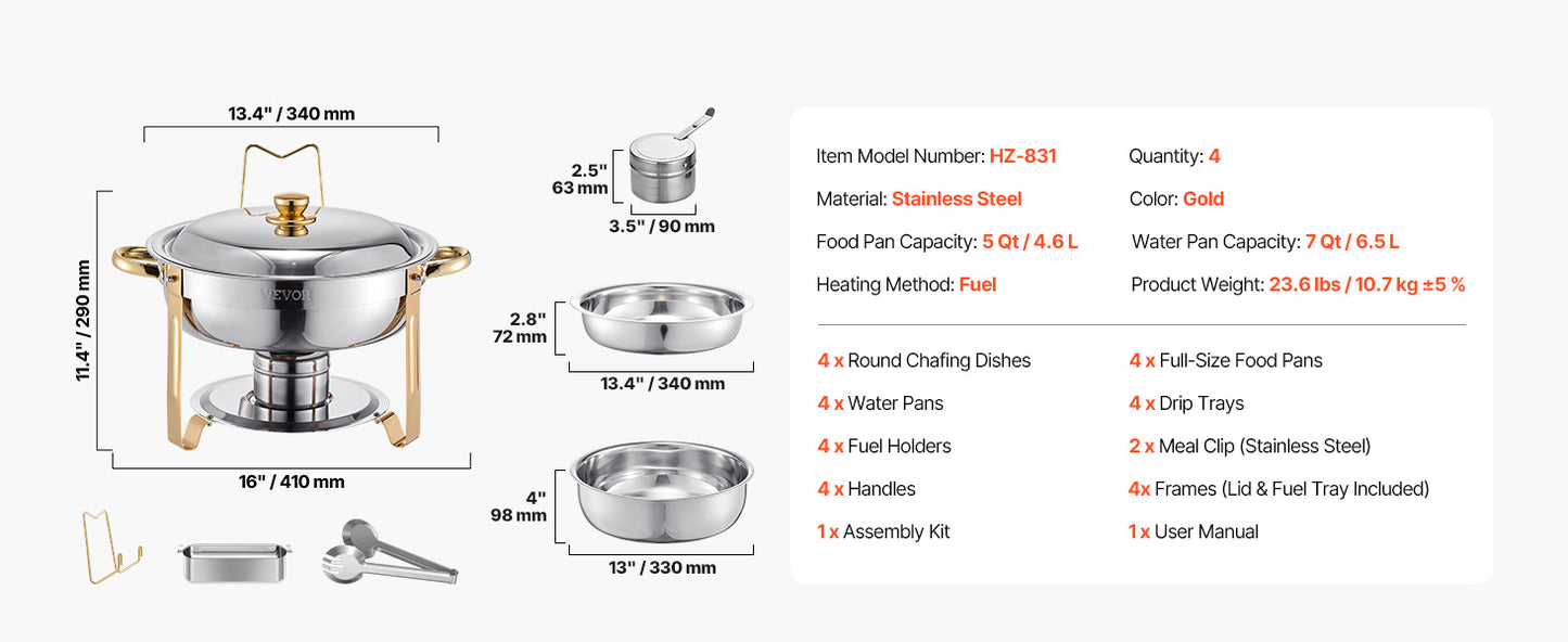 SucceBuy 4-Pack Round Chafing Dish Buffet Set – Stainless Steel Catering Warmer