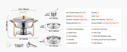 SucceBuy 4-Pack Round Chafing Dish Buffet Set – Stainless Steel Catering Warmer
