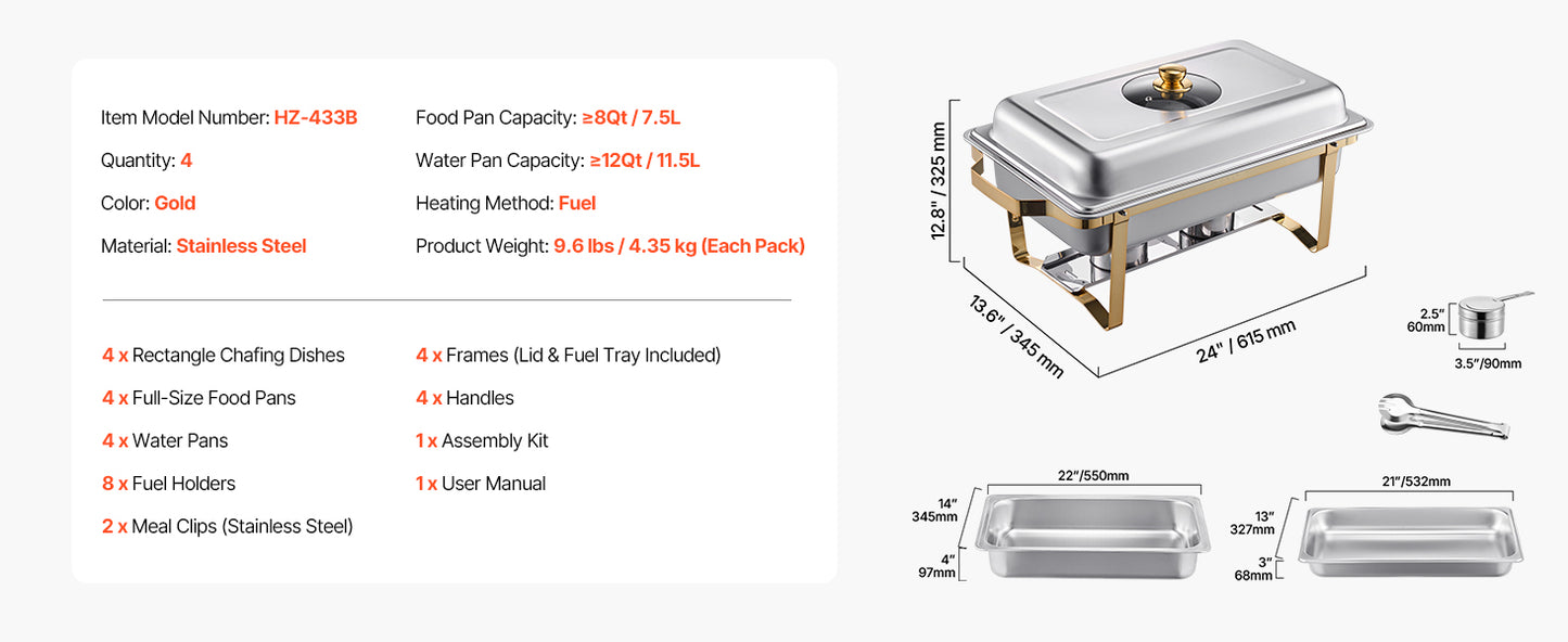 SucceBuy Chafing Dish Buffet Set | 2 or 4 Pack | Stainless Steel Half Size Pans | CE Certified | Catering Warmer