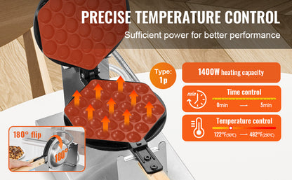 SucceBuy 1400W Commercial Egg Bubble Waffle Maker – 180° Rotatable Non-Stick
