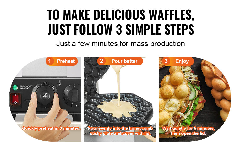 SucceBuy 1400W Commercial Egg Bubble Waffle Maker – 180° Rotatable Non-Stick