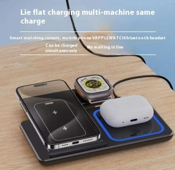 R.E.D. Shopping 15W 3-in-1 LED foldable wireless charger stand with fast charging for smartphones and devices.
