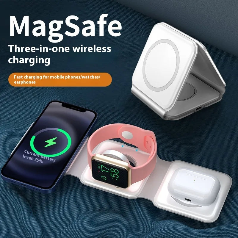 Foldable R.E.D. Shopping 3-in-1 magnetic wireless charging station with phone holder, compatible with smartphones and accessories.