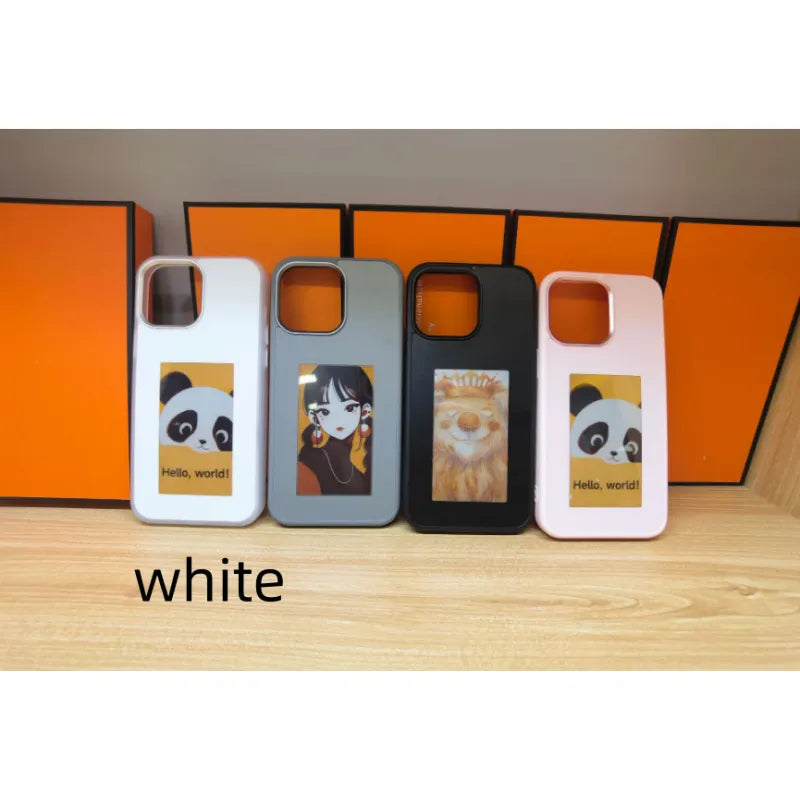 E-ink screen DIY phone case for iPhone by R.E.D. Shopping, customizable display, sleek mobile phone accessory in black.