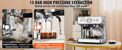 SucceBuy 15 Bar Espresso Machine with Grinder & Milk Frother | Semi-Automatic