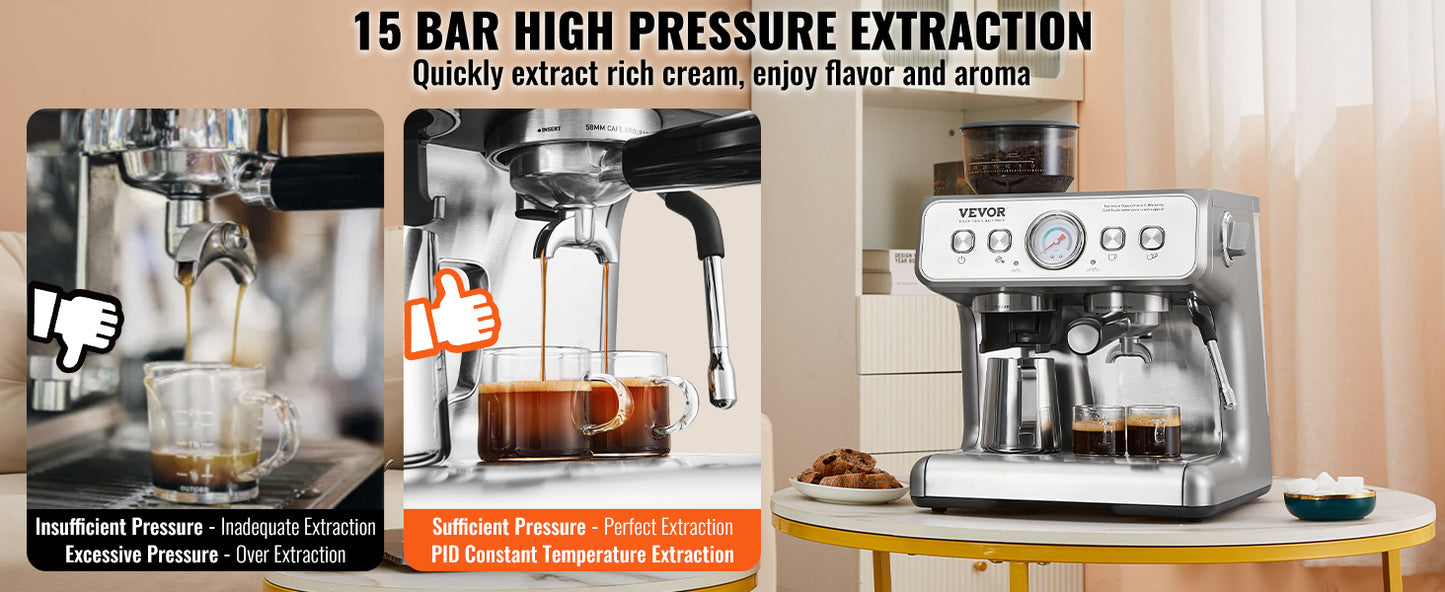 SucceBuy 15 Bar Semi-Automatic Espresso Machine with Grinder & Milk Frother