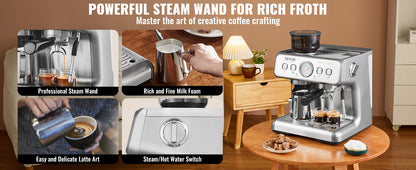 SucceBuy 15 Bar Semi-Automatic Espresso Machine with Grinder & Milk Frother
