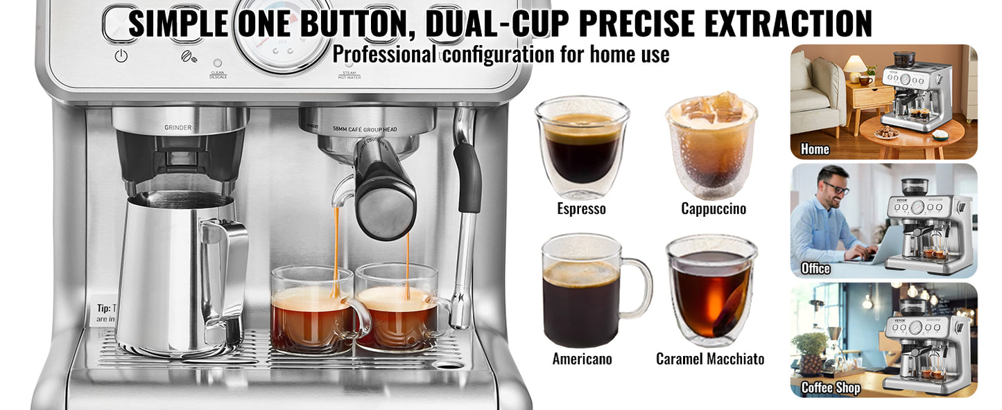 SucceBuy 15 Bar Espresso Machine with Grinder | Semi-Auto, Milk Frother Steam Wand, Home Barista