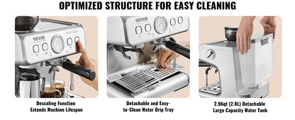 SucceBuy 15 Bar Semi-Automatic Espresso Machine | Built-in Grinder | Milk Frother Steam Wand | Home Barista