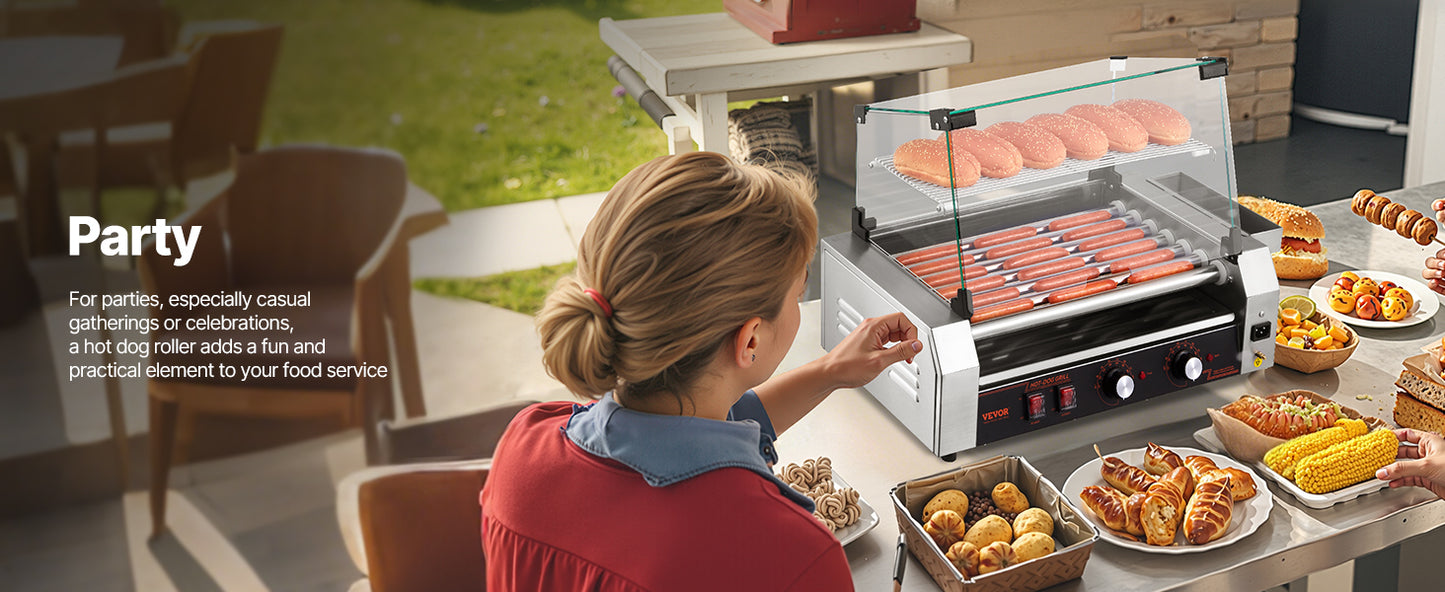 SucceBuy Hot Dog Roller Grill – 5, 7 or 11 Rollers, Stainless Steel, Dual Temp Control, Commercial Sausage Cooker
