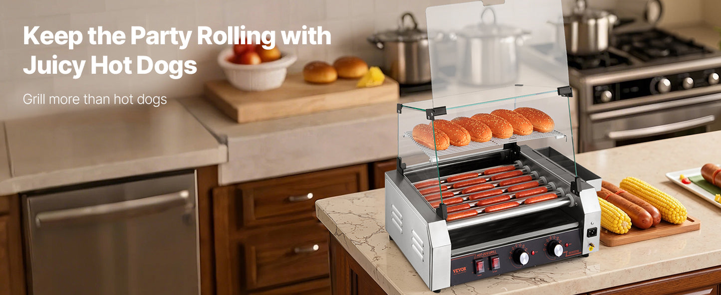 SucceBuy Hot Dog Roller Grill – 5, 7 or 11 Rollers, Stainless Steel, Dual Temp Control, Commercial Sausage Cooker