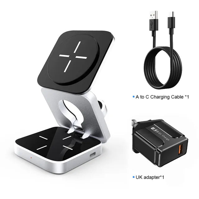 R.E.D. Shopping 3-in-1 wireless charging station charging phone, smartwatch, and earbuds simultaneously on a sleek surface.