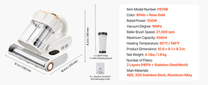 SucceBuy Mattress Vacuum Cleaner – 18Kpa, Dual Dust Bin, HEPA Filter, Heating & Ultrasound, Handheld for Bed & Sofa