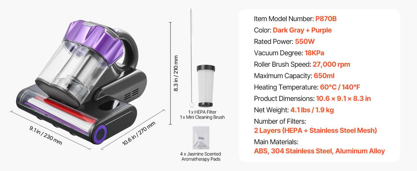 SucceBuy Mattress Vacuum Cleaner – 18Kpa, Dual Dust Bin, HEPA Filter, Heating & Ultrasound, Handheld for Bed & Sofa