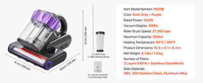 SucceBuy Mattress Vacuum Cleaner – 18Kpa, Dual Dust Bin, HEPA Filter, Heating & Ultrasound, Handheld for Bed & Sofa