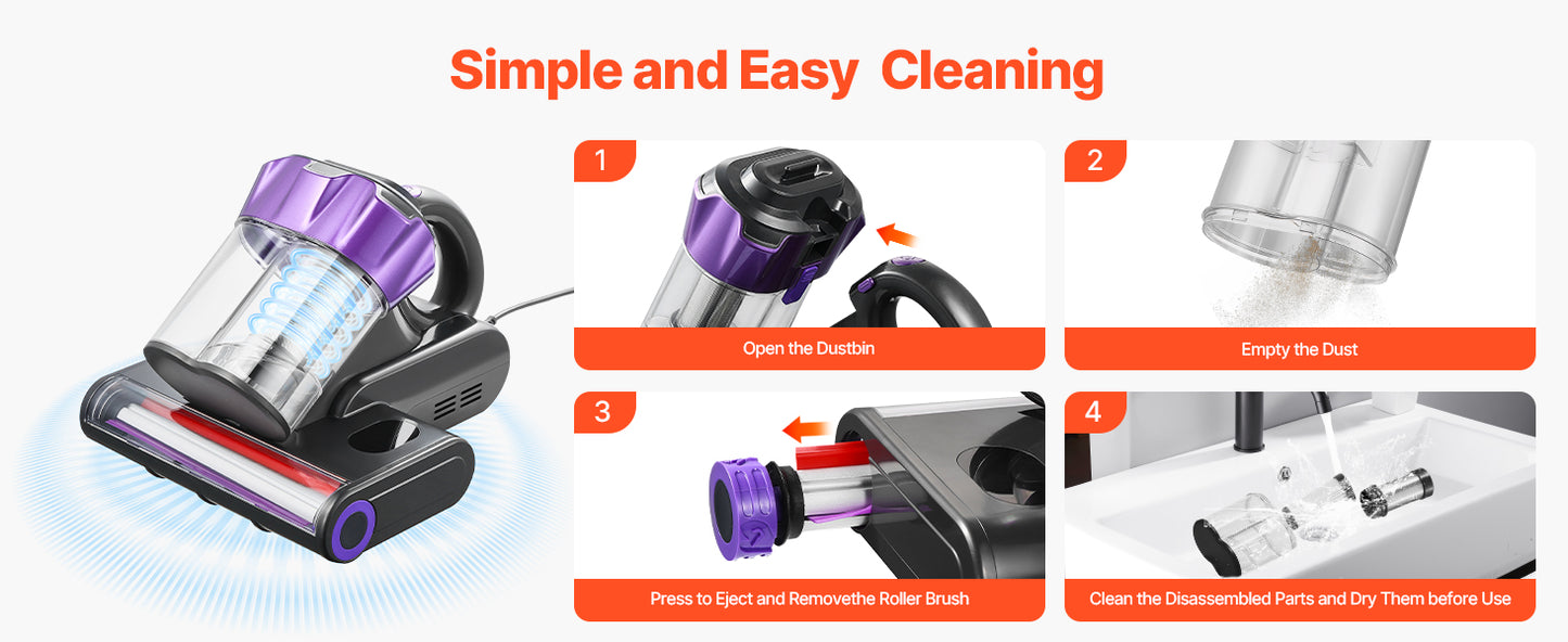 SucceBuy Mattress Vacuum Cleaner – 18Kpa, Dual Dust Bin, HEPA Filter, Heating & Ultrasound, Handheld for Bed & Sofa