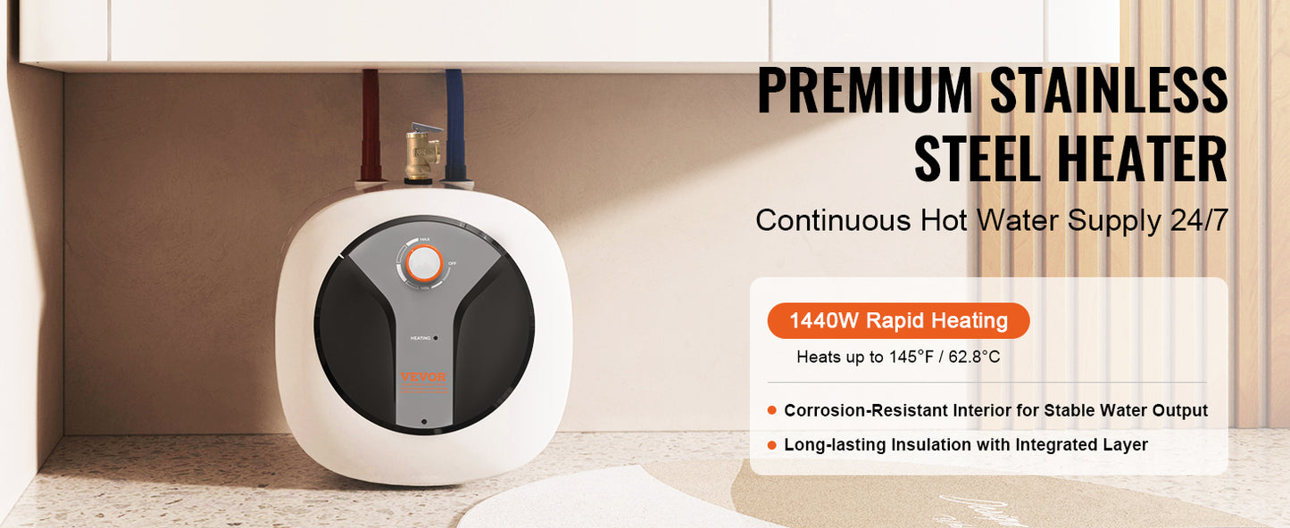 SucceBuy Electric Mini-Tank Water Heater 1440W | Under-Sink, Wall/Floor Mount, Kitchen & Bathroom