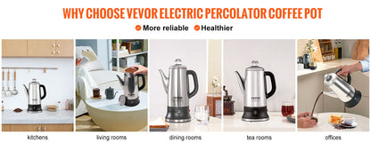 SucceBuy 12-Cup Electric Coffee Percolator – 304 Stainless Steel, Keep Warm, 1.8L