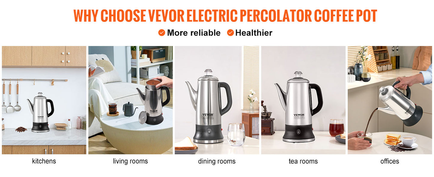 SucceBuy 12-Cup Electric Percolator Coffee Pot | 304 Stainless Steel, Keep Warm