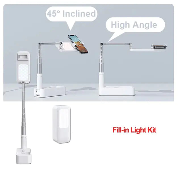 Smartphone fill-in light kit with ring light and tripod from R.E.D. Shopping, featuring adjustable stand and compact design for mobile photography.