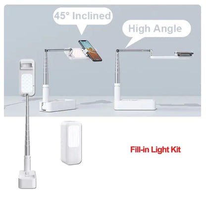 Smartphone fill-in light kit with ring light and tripod from R.E.D. Shopping, featuring adjustable stand and compact design for mobile photography.