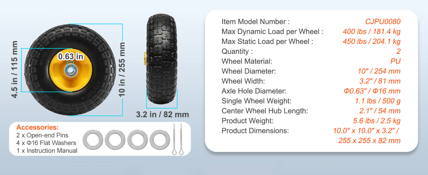 SucceBuy 10" Solid PU Run-Flat Tire Wheels – Flat-Free Tubeless | 2-Pack