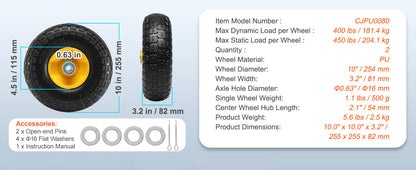 SucceBuy 10" Solid PU Run-Flat Tire Wheels – Flat-Free Tubeless | 2-Pack
