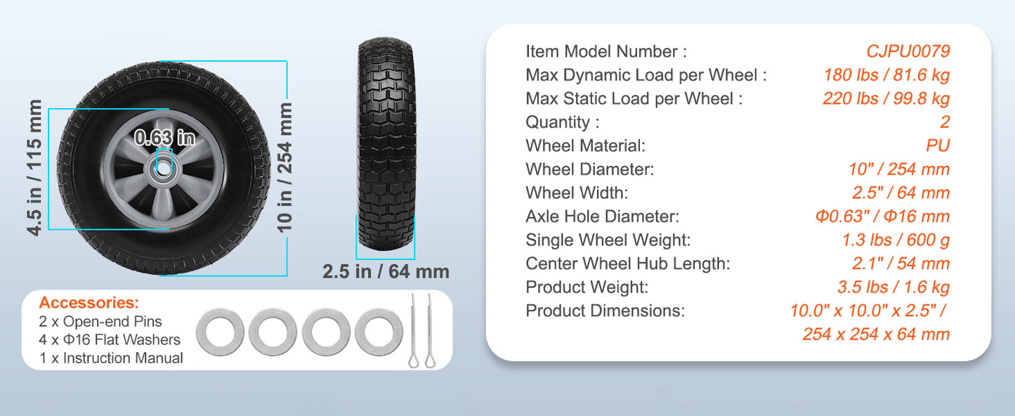 SucceBuy 10" Solid PU Run-Flat Tire Wheels – Flat-Free Tubeless | 2-Pack