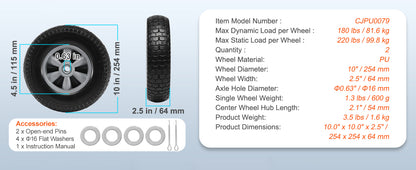 SucceBuy 10" Solid PU Run-Flat Tire Wheels – Flat-Free Tubeless | 2-Pack