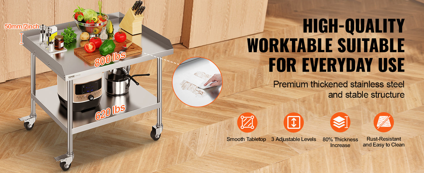 SucceBuy Stainless Steel Work Table – Commercial Food Prep Worktable with 4 Wheels, Heavy Duty