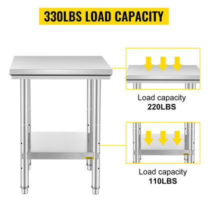 SucceBuy Stainless Steel Kitchen Work Bench – Commercial Catering Worktable with Undershelf | 286–330 LBS | Restaurant & Garage